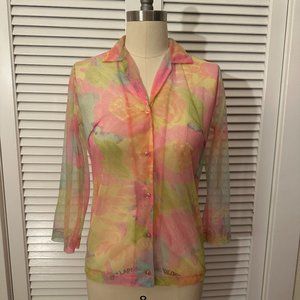 VINTAGE 1960s SEA B SHEER FLORAL 3/4 SLEEVE BLOUSE.